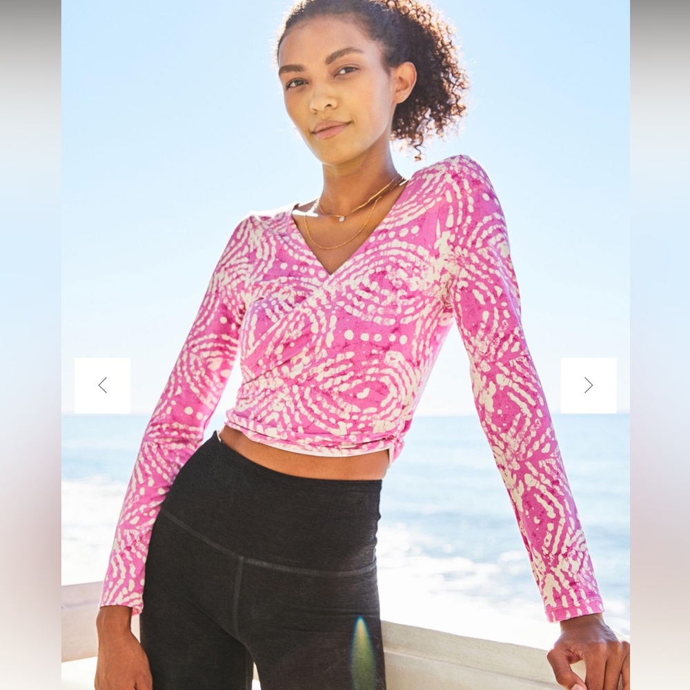 Anthropologie Daily Practice Pink & White Long Sleeve Wrap Crop Top Yoga Boho